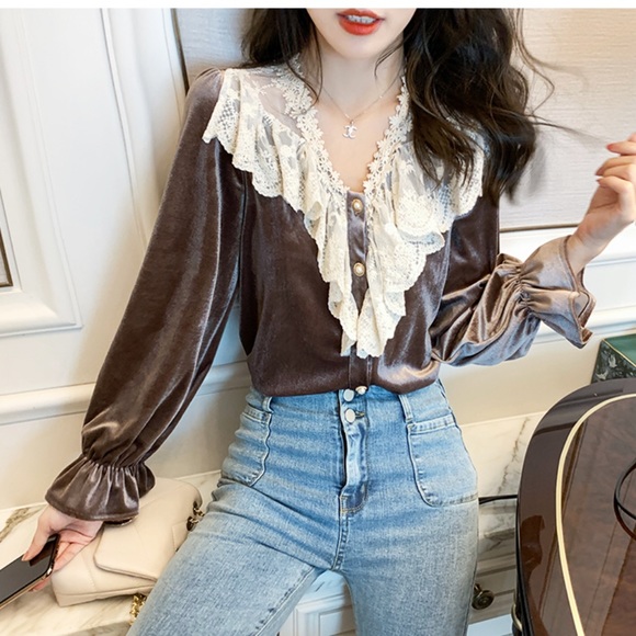 Lace blouse velvet shirt button black brown long sleeve
